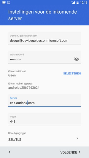 Voer Gebruikersnaam en Exchange serveradres in. Selecteer VOLGENDE