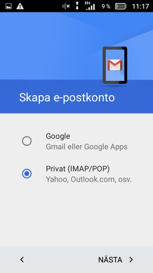 Välj Privat (IMAP/POP) och välj NÄSTA