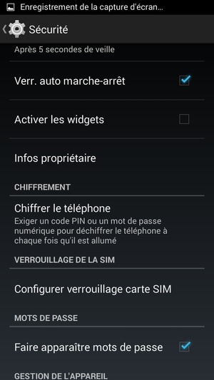 Pour modifier le code PIN de la carte SIM, retournez dans le menu Sécurité et sélectionnez Configurer verrouillage carte SIM