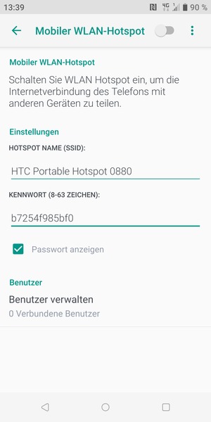 Geben Sie eine WLAN-Hotspot-Passwort mit mindestens 8 Zeichen ein