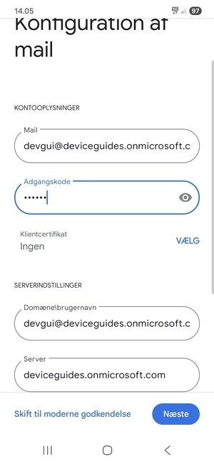 Indtast Brugernavn og Exchange serveradresse. Vælg Næste