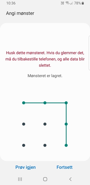 Tegn et opplåsingsmønster og velg Fortsett