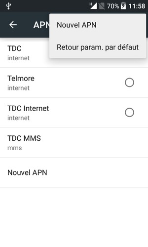 Si votre écran ressemble à ceci, sélectionnez le bouton du Menu et sélectionnez Nouvel APN
