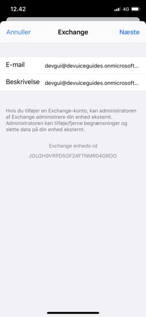 Indtast Exchange e-mail oplysninger og vælg Næste