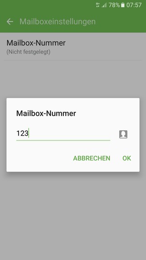 Geben Sie die Mailbox-Nummer ein und wählen Sie OK
