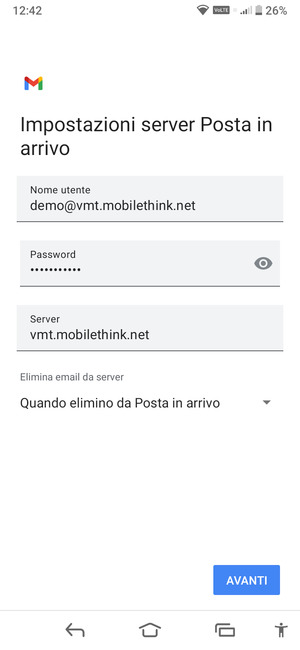 Inserisci Nome utente e l'indirizzo del server di posta in arrivo. Seleziona AVANTI
