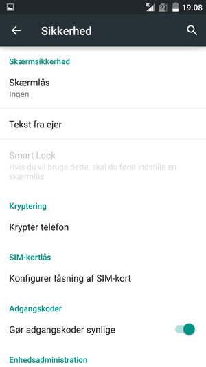 For at aktivere din skærmlås, gå til menuen Sikkerhed og vælg Skærmlås