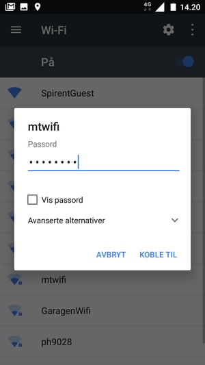 Skriv inn Wi-Fi-passord og velg KOBLE TIL