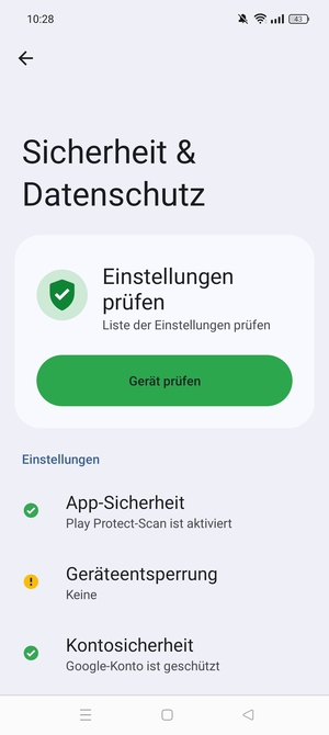 Um Ihre Bildschirmsperre zu aktivieren, gehen Sie zum Sicherheit & Datenschutz Menü und wählen Sie  Geräteentsperung