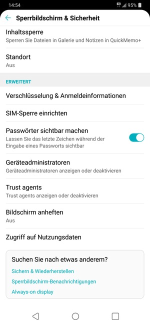 Um die PIN für die SIM-Karte zu wechseln, gehen Sie zum Sperrbildschirm & Sicherheit Menü zurück und wählen Sie SIM-Sperre einrichten