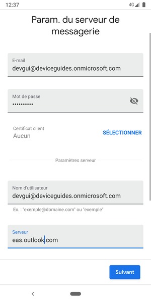 Saisissez votre Nom d'utilisateur et l'adresse du serveur Exchange. Sélectionnez Suivant