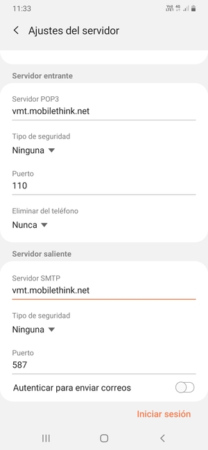 Desactive Autenticar para enviar correos y seleccione Iniciar sesión