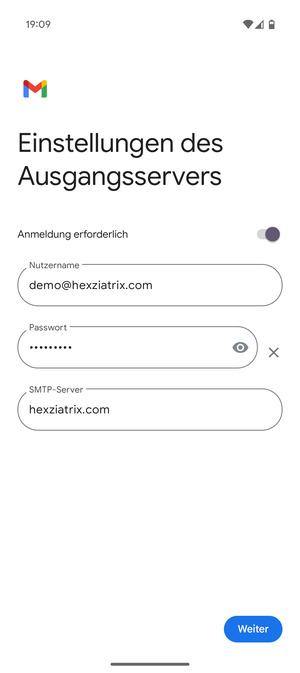 Geben Sie die Server-Adresse für ausgehende Post ein und wählen Sie Weiter