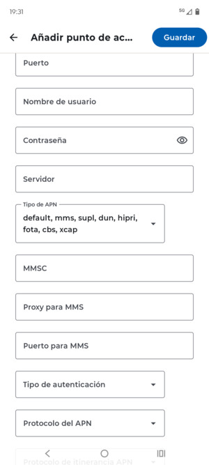 Desplácese y seleccione Tipo de APN