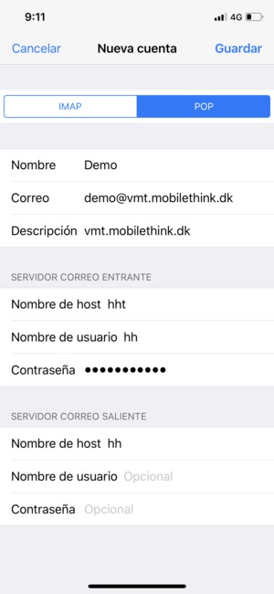 Introduzca la información correo para el SERVIDOR CORREO SALIENTE y seleccione Guardar