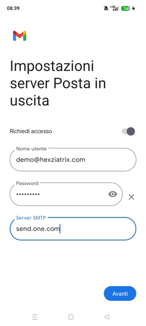 Inserisci l'indirizzo del server di posta in uscita e seleziona Avanti