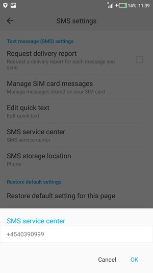 Enter the SMS service center number and select OK