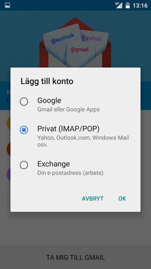 Välj Privat (IMAP/POP) och OK