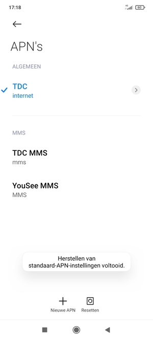 Uw telefoon wordt teruggezet naar standaard internet- en mms-instellingen