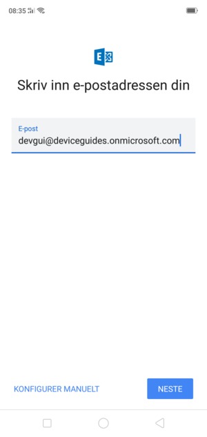 Skriv inn e-postadresse og velg KONFIGURER MANUELT