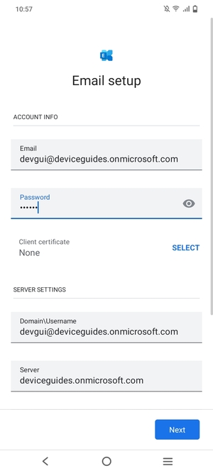 Enter Username and Exchange server address. Select Next
