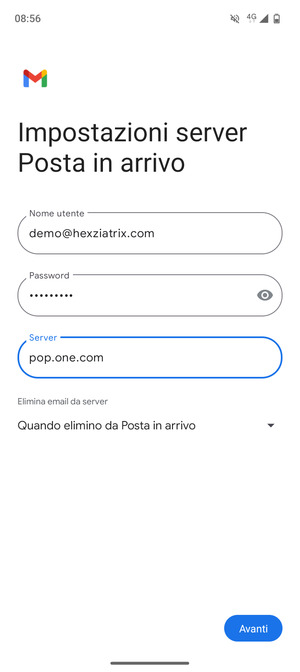 Inserisci Nome utente e l'indirizzo del server di posta in arrivo. Seleziona Avanti