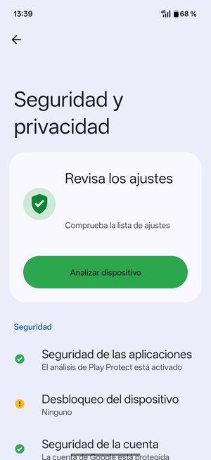Para activar su bloqueo de pantalla, vaya al menú Seguridad y privacidad y seleccione Desbloqueo del dispositivo