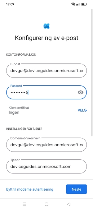 Skriv inn Brukernavn og Exchange serveradresse. Velg Neste