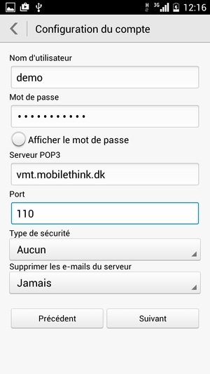 Saisissez votre Nom d'utilisateur et l'adresse du serveur entrant. Sélectionnez Suivant