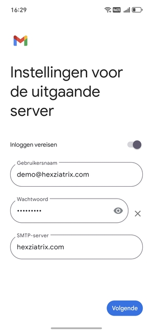 Voer Uitgaand serveradres in en selecteer Volgende
