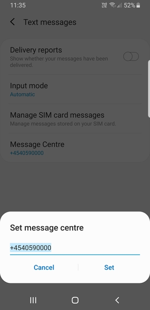Enter the Message centre number and select Set