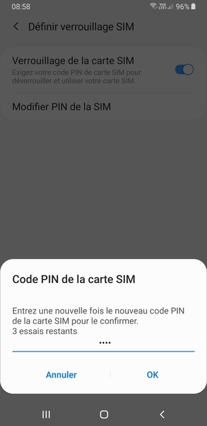 Veuillez confirmer votre nouveau code PIN de la carte SIM et sélectionner OK