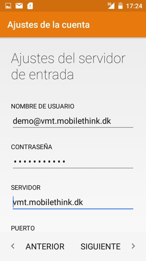 Introduzca NOMBRE DE USUARIO y la dirección de servidor entrante. Seleccione SIGUIENTE
