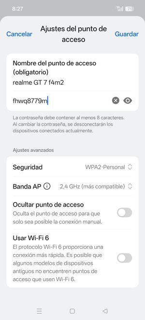 Introduzca una contraseña de punto de acceso Wi-Fi de al menos 8 caracteres y seleccione Guardar