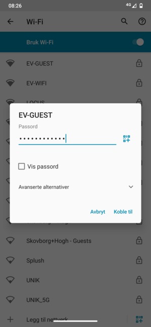 Skriv inn Wi-Fi-passord og velg Koble til