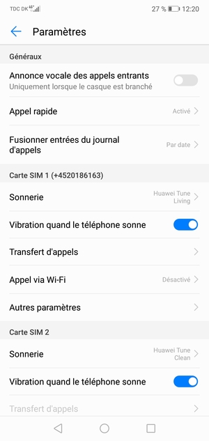 Faites défiler jusqu'à Carte SIM 1 ou Carte SIM 2 et sélectionnez Autres paramètres