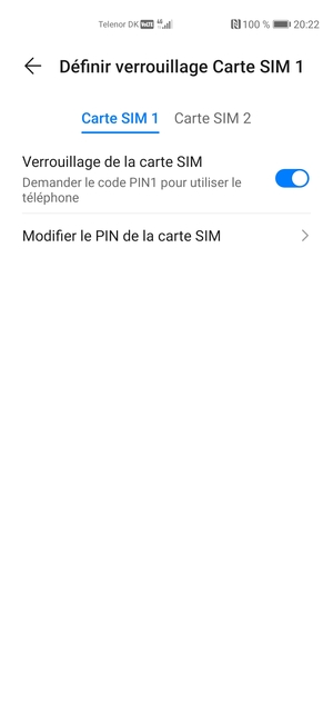 Sélectionnez Carte SIM 1 ou Carte SIM 2 et sélectionnez Modifier le code PIN de la carte SIM