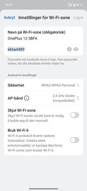 Skriv inn et Wi-Fi hotspot-passord på minst 8 tegn og velg Lagre