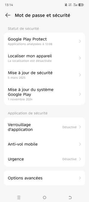 Pour modifier le code PIN de la carte SIM, allez dans le menu Mot de passe et sécurité et sélectionnez Options avancées
