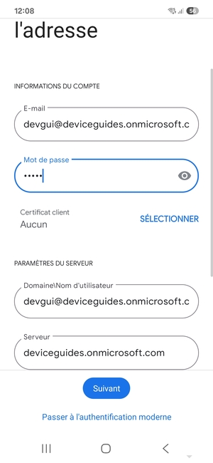 Saisissez votre Nom d'utilisateur et l'adresse du serveur Exchange. Sélectionnez Suivant