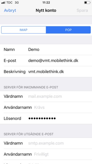 Välj POP- eller IMAP- och ange e-postinformation för SERVER FÖR INKOMMANDE E-POST