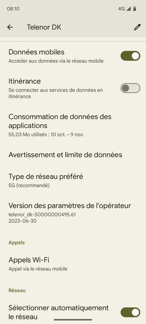 Faites défiler et sélectionnez  Type de réseau préféré