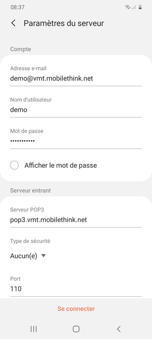 Saisissez votre Nom d'utilisateur et l'adresse du serveur entrant