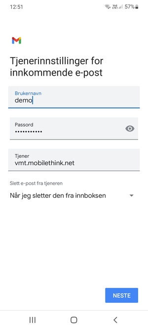 Skriv inn Brukernavn og innkommende serveradresse. Velg NESTE
