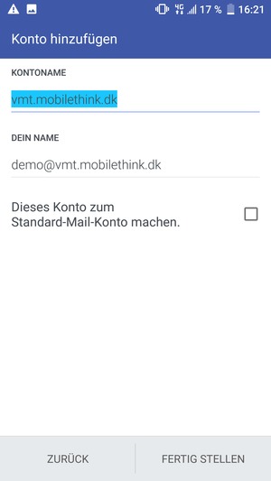 Geben Sie Ihrem Konto einen Namen und geben Sie Ihren Namen ein. Wählen Sie FERTIG STELLEN