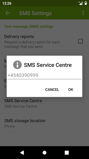 Enter the SMS Service Centre number and select OK
