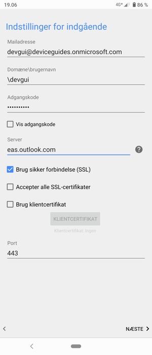 Indtast Brugernavn og Exchange serveradresse. Vælg NÆSTE