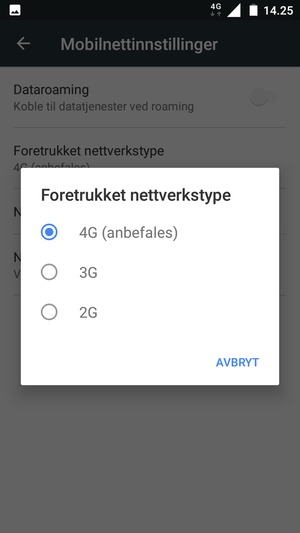 Velg ønsket alternativ