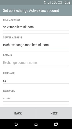 Enter Exchange server address and Username. Select NEXT