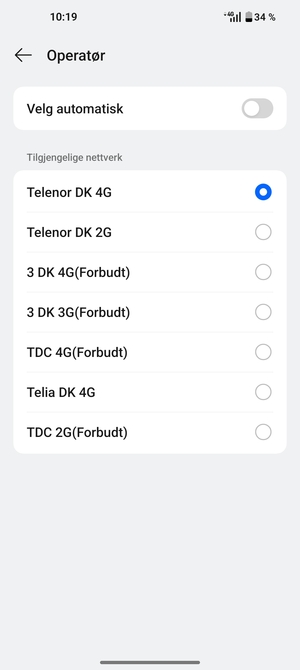 Velg en nettverksoperatør fra listen